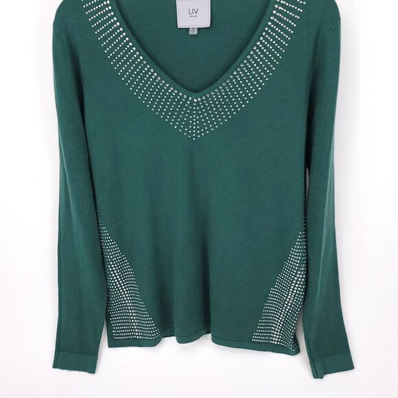 Liv Milano Sweater Womens Medium Rhinestone V Neck Pullover Stretch Top Soft - Picture 7 of 9